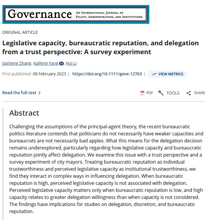 Legislative Capacity, Bureaucratic Reputation, and Delegation from a Trust Perspective: A Survey Experiment.